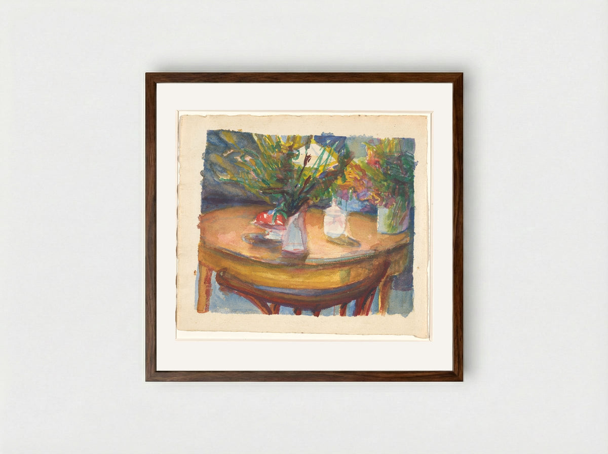 Stilleven met tafel met vazen - Wendelien Schönfeld - Framed Print Dark Wood