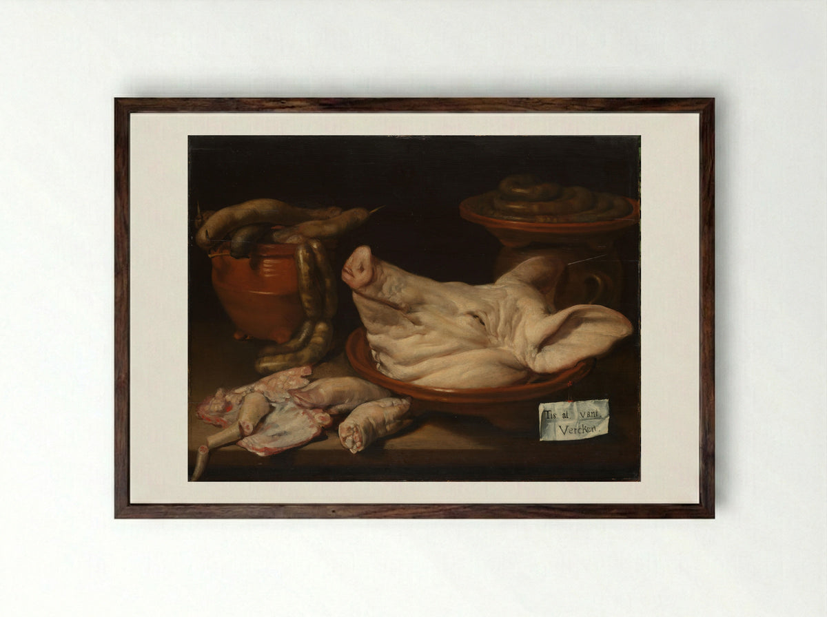 Stilleven met varkenskop, varkenspootjes en worst - Monogrammist JVR - Framed Print Dark Wood