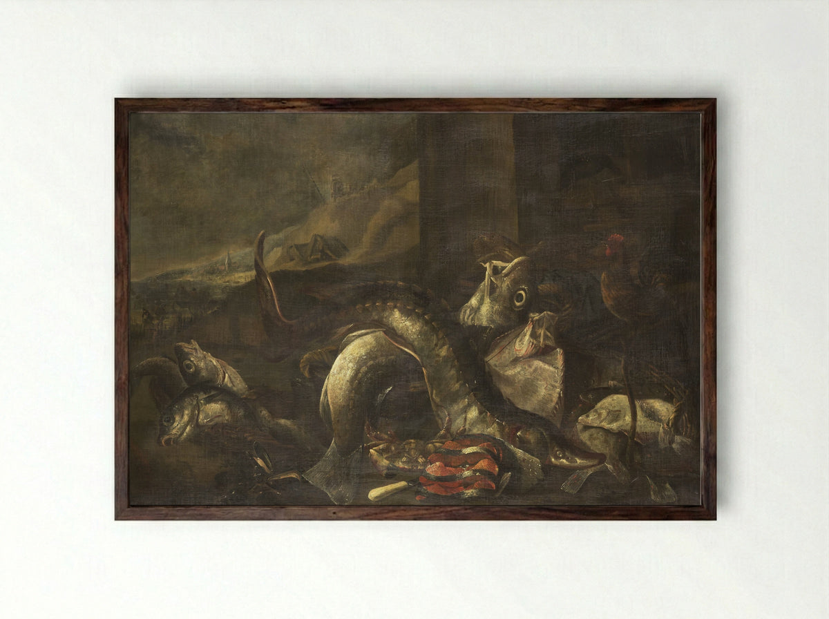 Stilleven met vissen - R. van Burgh - Framed Print Dark Wood