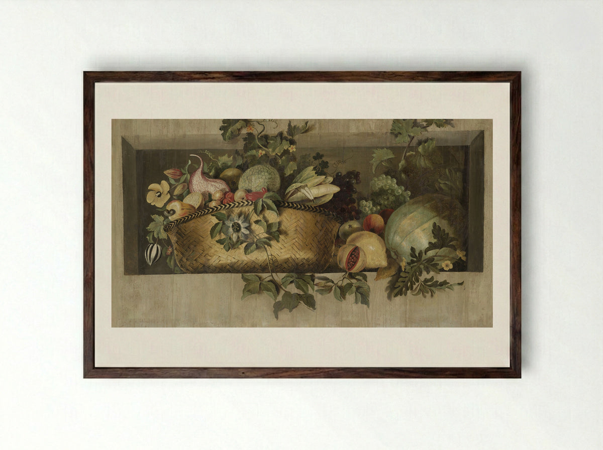 Stilleven met vruchten en bloemguirlandes - Jacob van Campen - Framed Print Dark Wood