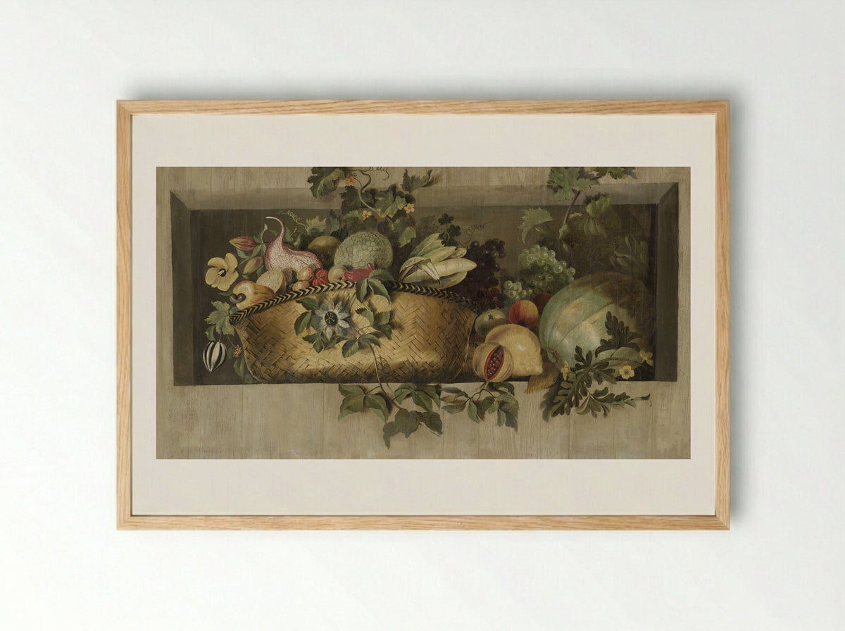 Stilleven met vruchten en bloemguirlandes - Jacob van Campen - Framed Print Wood