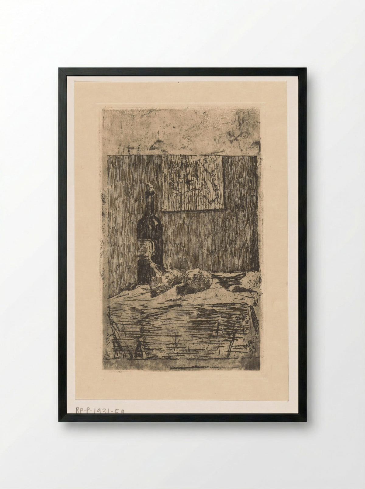 Stilleven met wijnfles en knoflook - Martinus van Regteren Altena - Framed Print Black