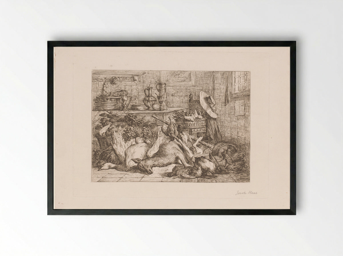 Stilleven met wild, fruit en vaatwerk - Lucas Victor Schaefels - Framed Print Black