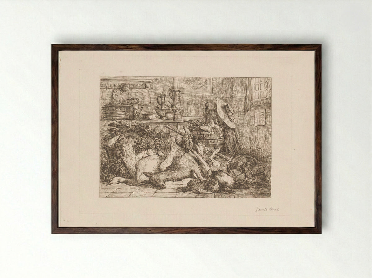 Stilleven met wild, fruit en vaatwerk - Lucas Victor Schaefels - Framed Print Dark Wood