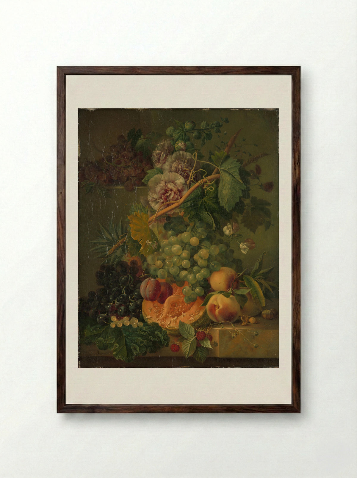 Stilleven van bloemen en vruchten - Albertus Jonas Brandt - Framed Print Dark Wood