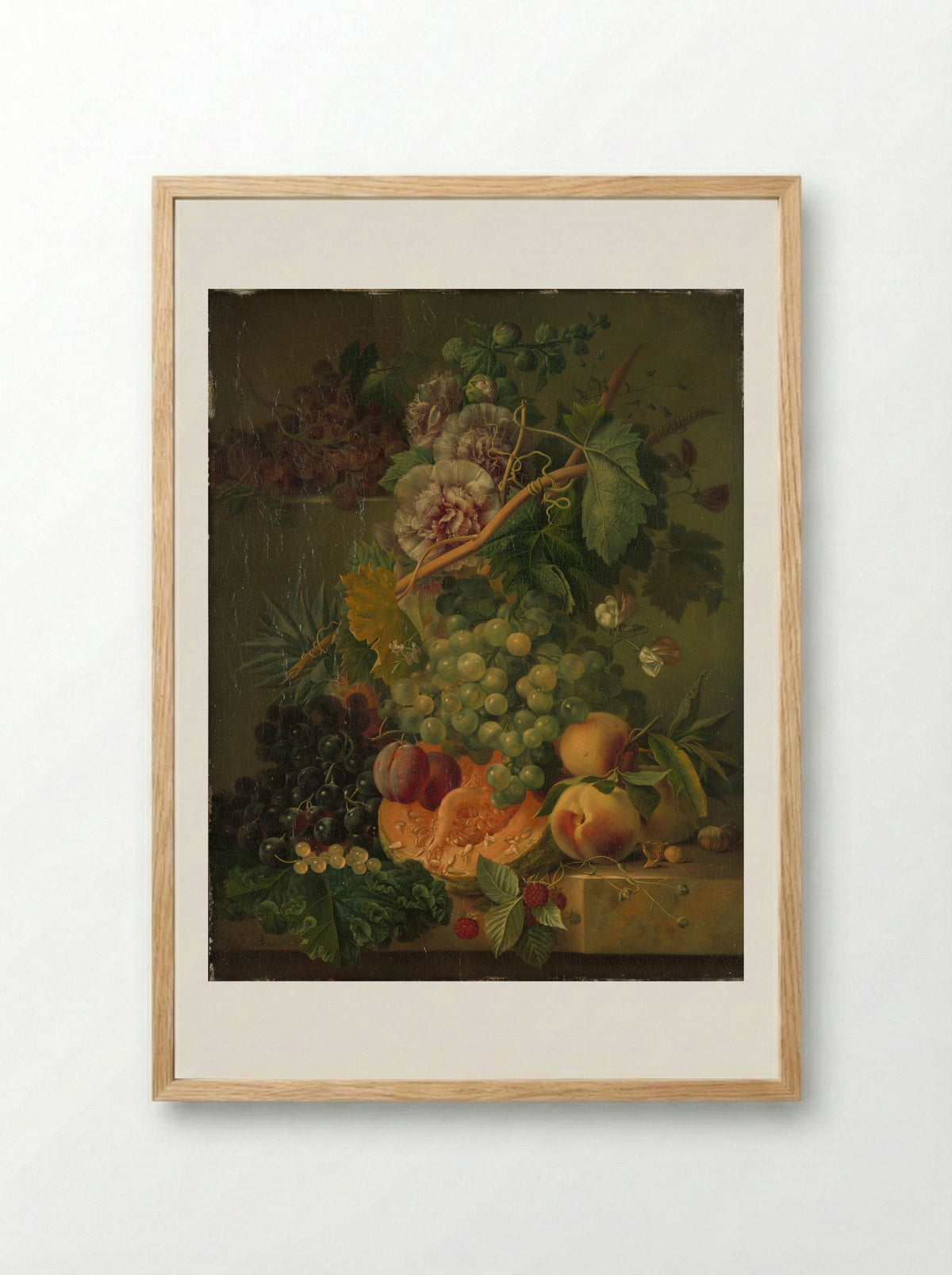 Stilleven van bloemen en vruchten - Albertus Jonas Brandt - Framed Print Wood