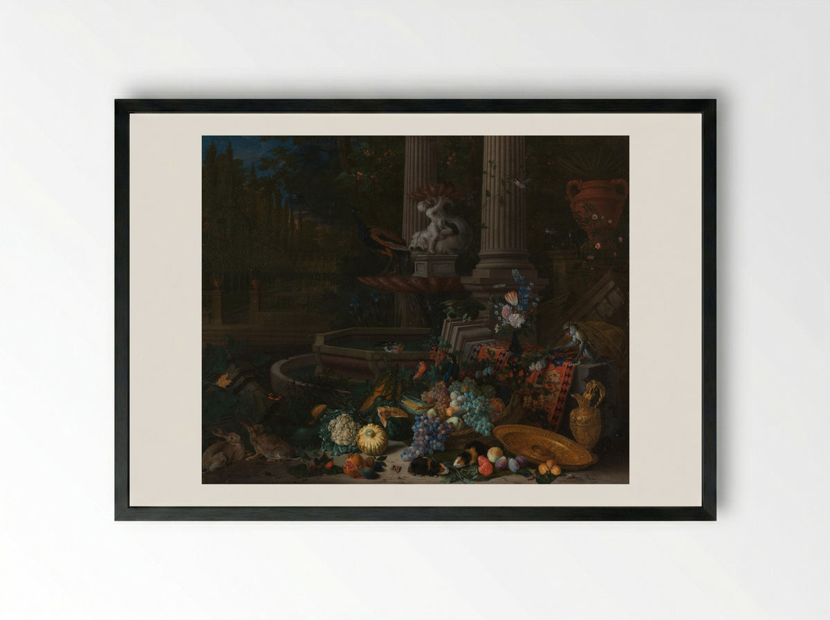 Stilleven van fruit bij een sierfontein - Peeter Gijsels - Framed Print Black