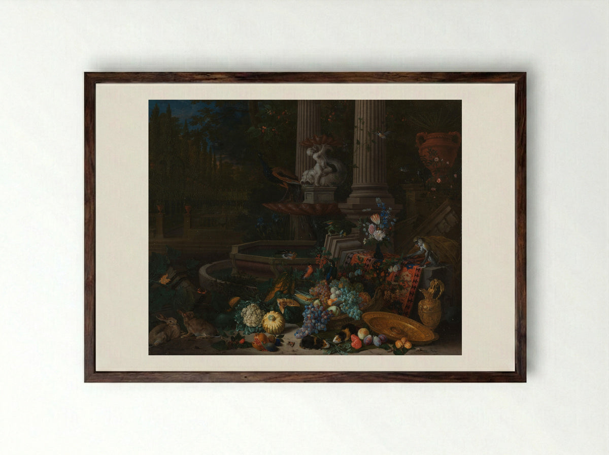 Stilleven van fruit bij een sierfontein - Peeter Gijsels - Framed Print Dark Wood