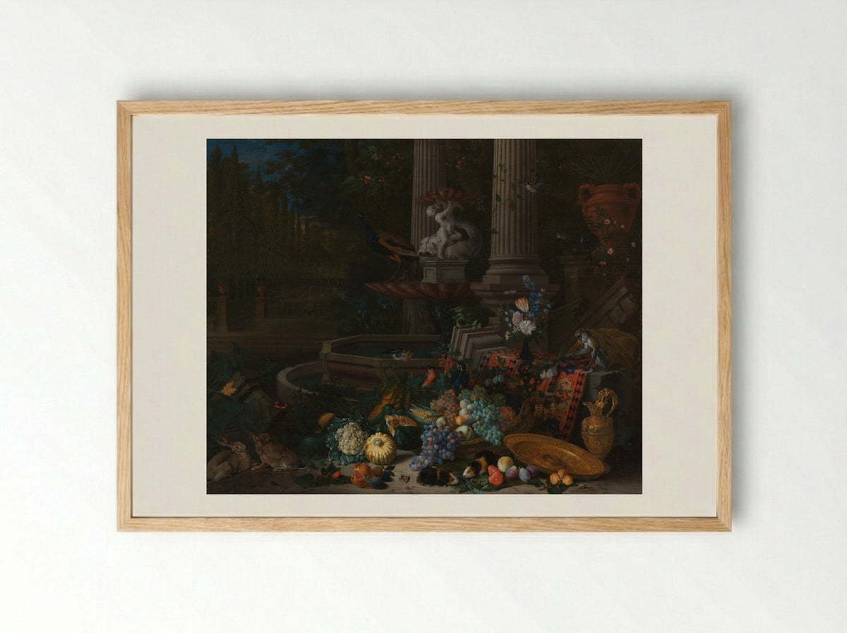 Stilleven van fruit bij een sierfontein - Peeter Gijsels - Framed Print Wood