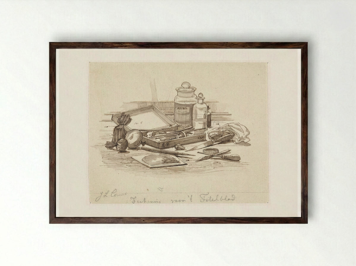 Stilleven van grafische attributen - Jacobus Ludovicus Cornet - Framed Print Dark Wood