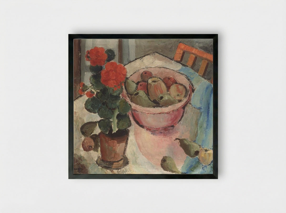 Stillleben mit Geranien und Schale - Helen Dahm - Framed Print Black