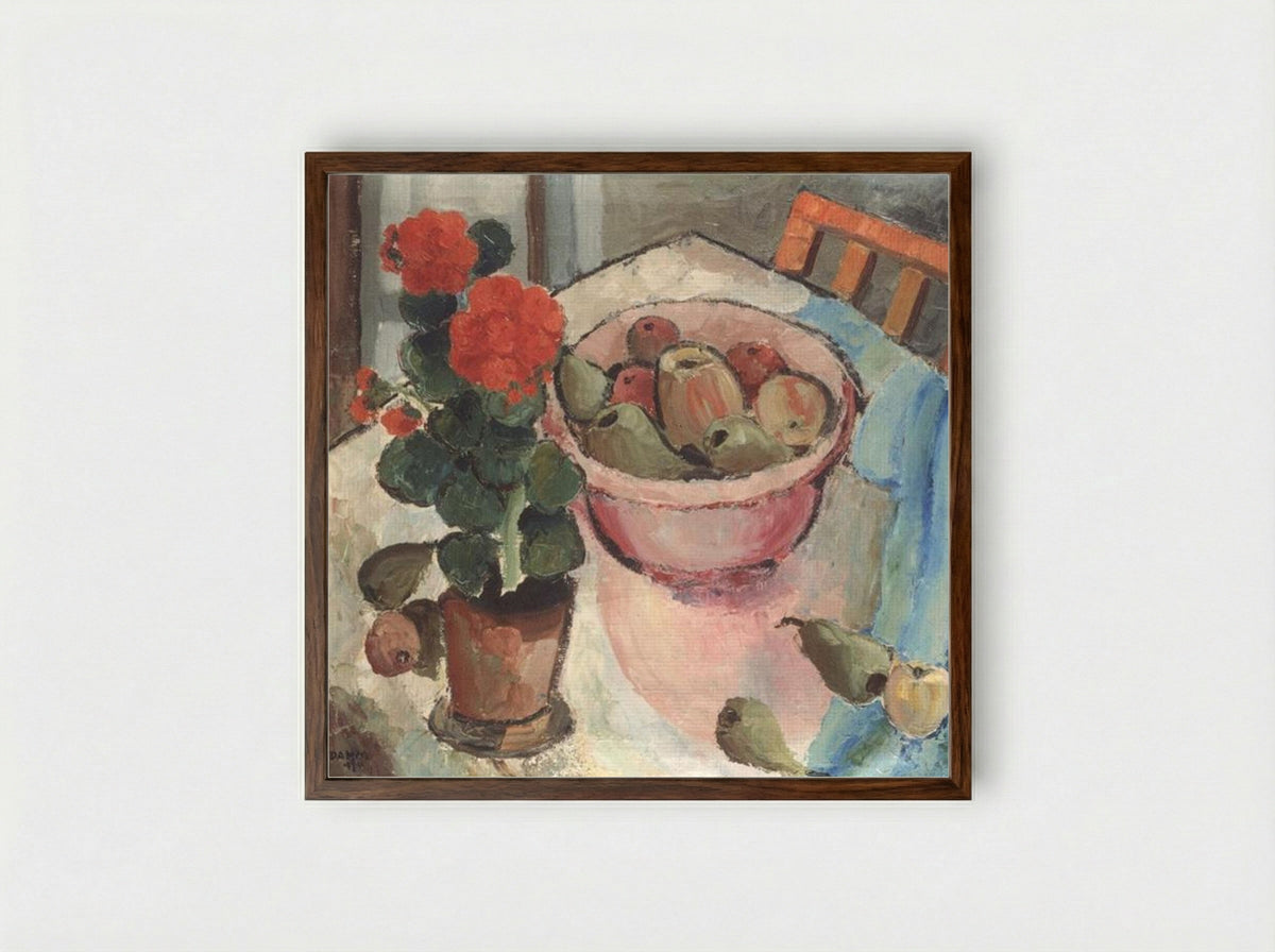 Stillleben mit Geranien und Schale - Helen Dahm - Framed Print Dark Wood