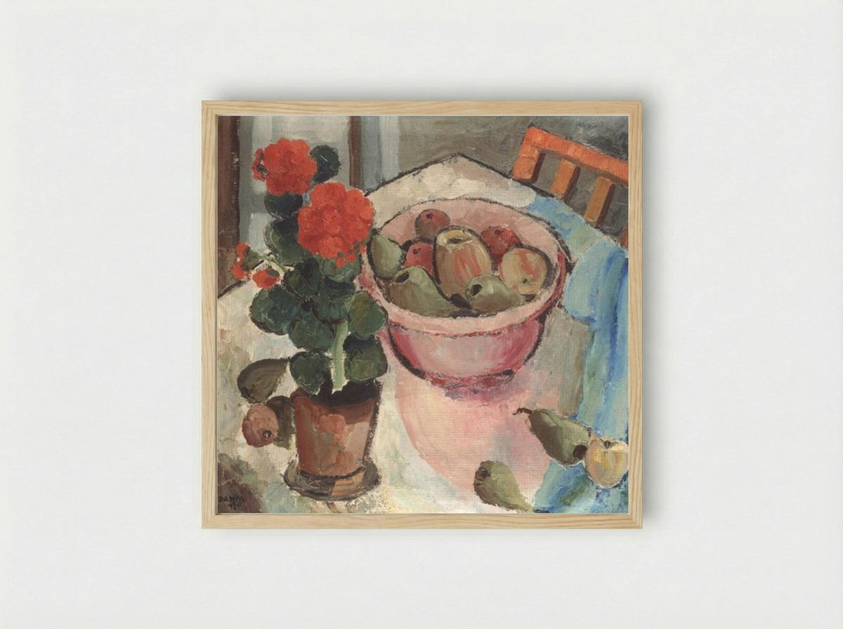 Stillleben mit Geranien und Schale - Helen Dahm - Framed Print Wood
