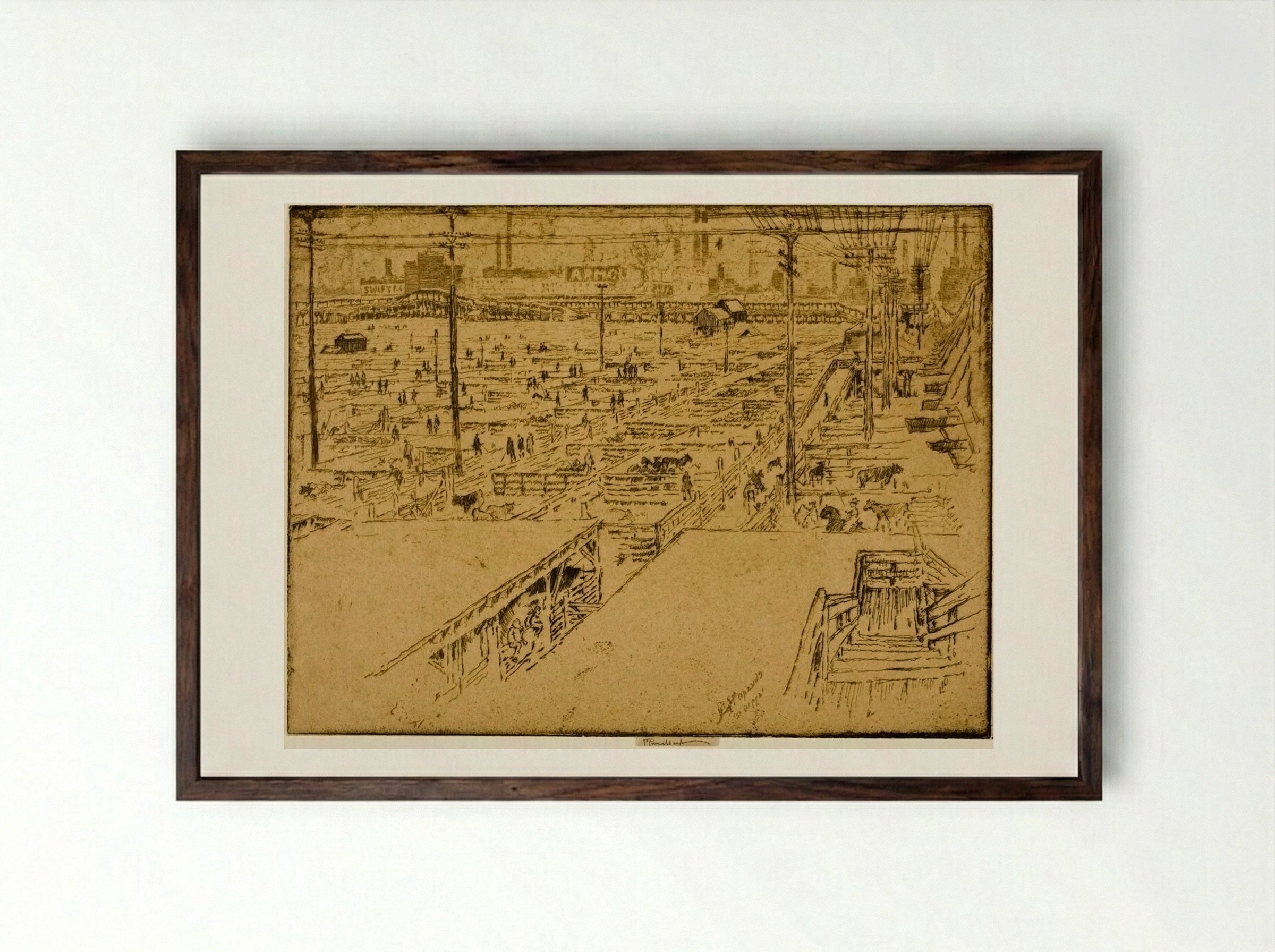 Stock Yards, Chicago - Joseph Pennell - Framed Print Dark Wood