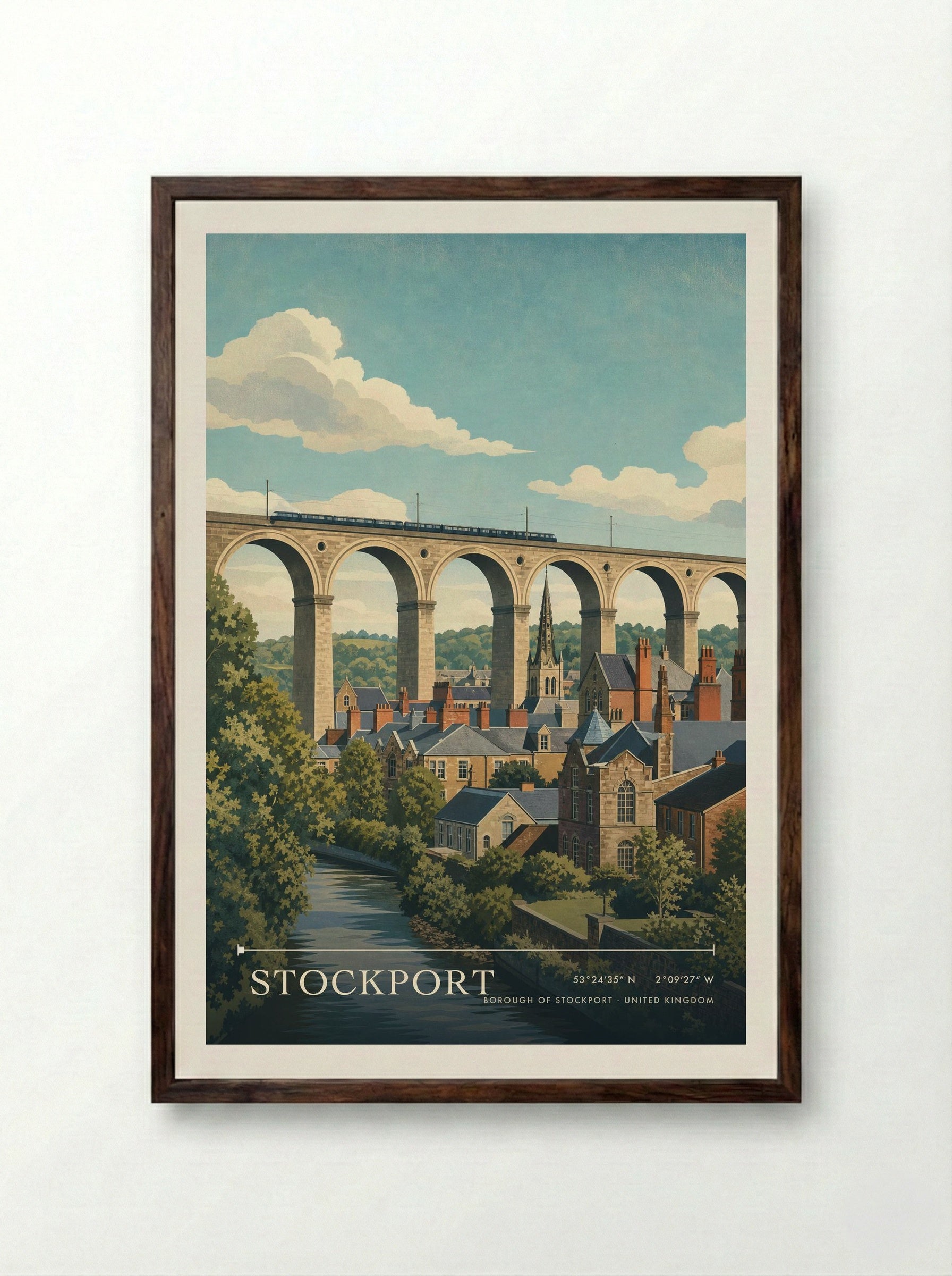 Stockport Borough of Stockport United Kingdom Travel Poster - Framed Print Dark Wood