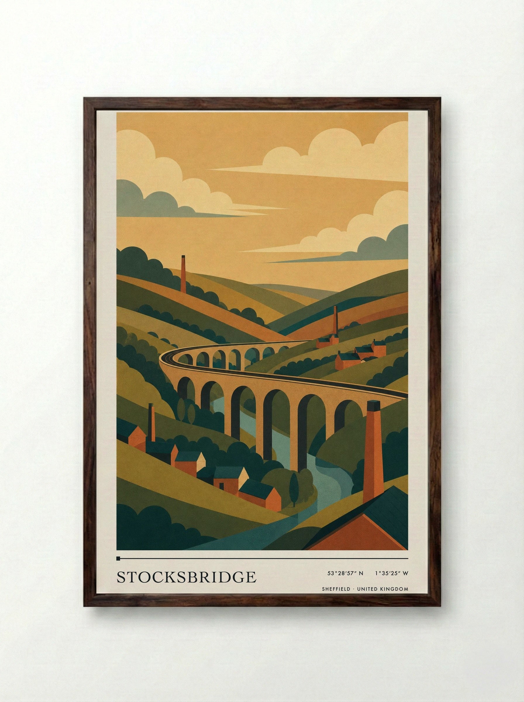 Stocksbridge Sheffield United Kingdom Travel Poster - Framed Print Dark Wood