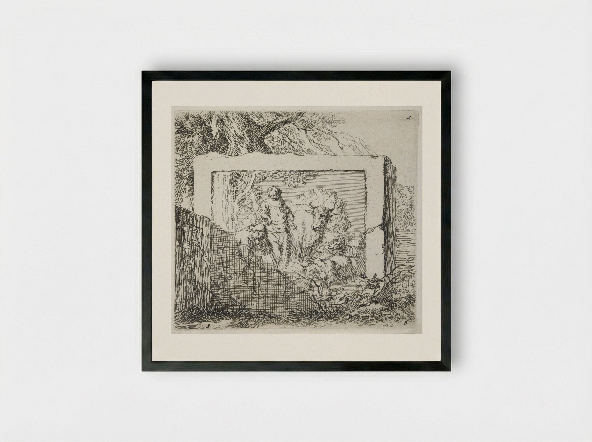 Stone Bas-Relief Representing a Shepherd Pouring Water into a Trough - Nicolaes Berchem - Framed Print Black