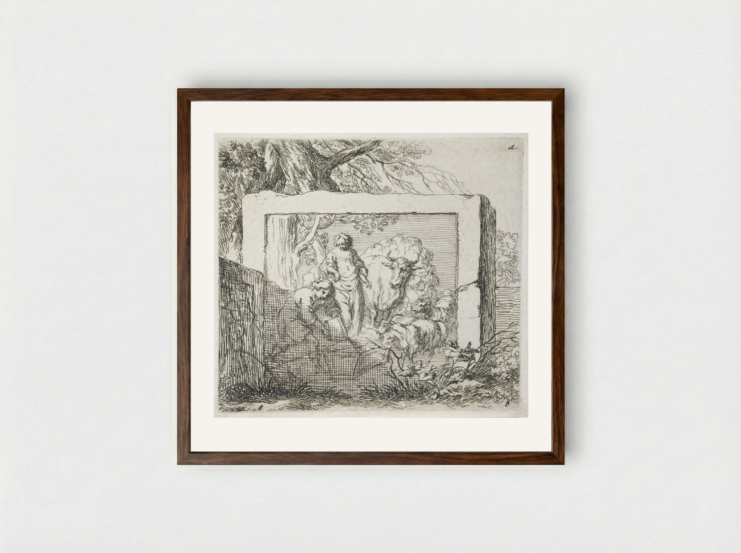 Stone Bas-Relief Representing a Shepherd Pouring Water into a Trough - Nicolaes Berchem - Framed Print Dark Wood