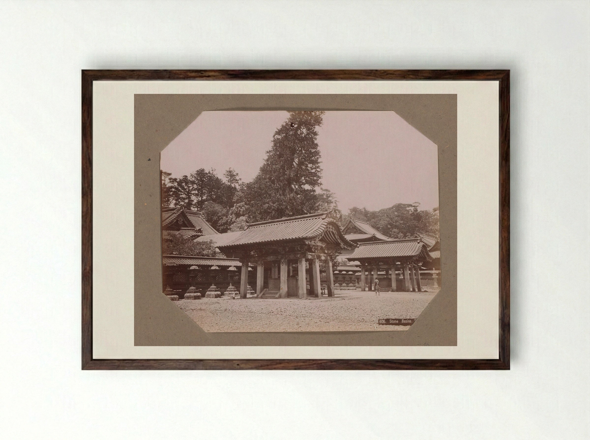 Stone Basins at the Taitoku-in Mausoleum - Kusakabe Kimbei - Framed Print Dark Wood