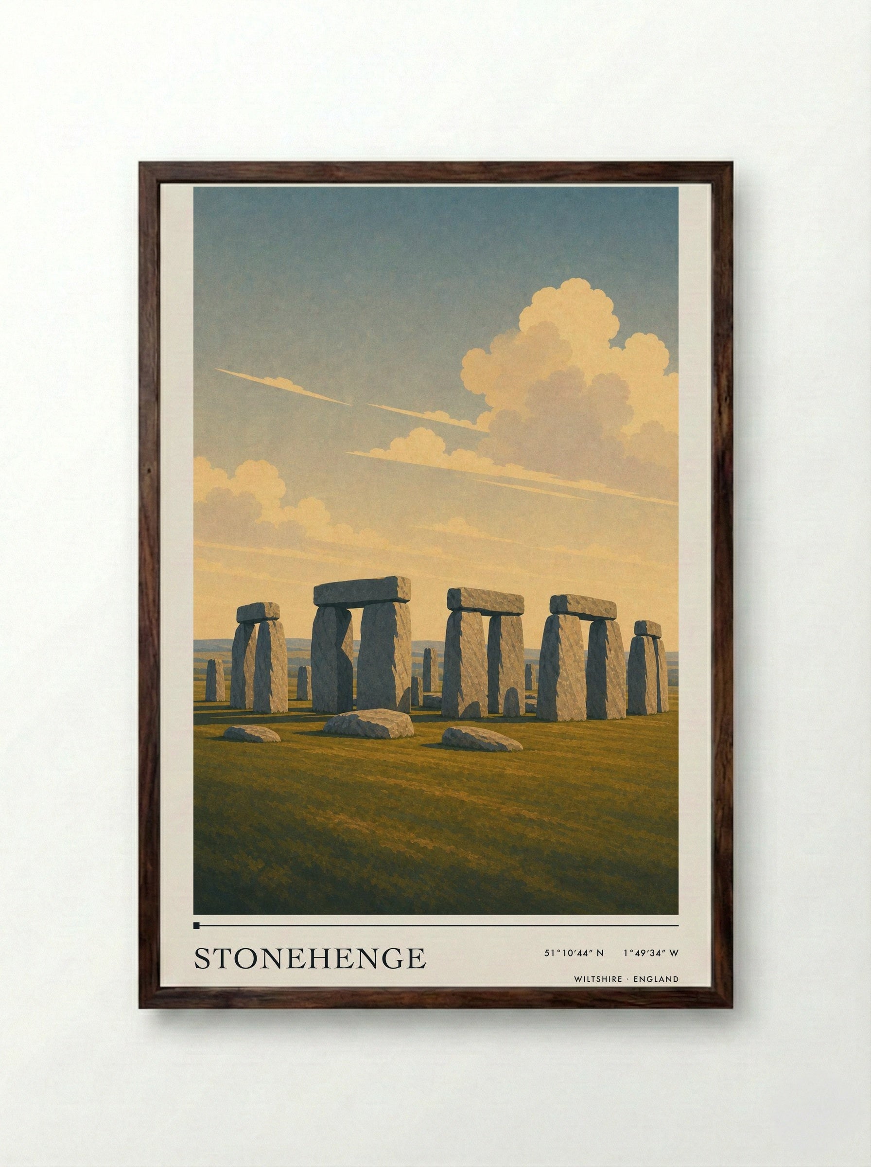 Stonehenge Wiltshire England Travel Poster - Framed Print Dark Wood