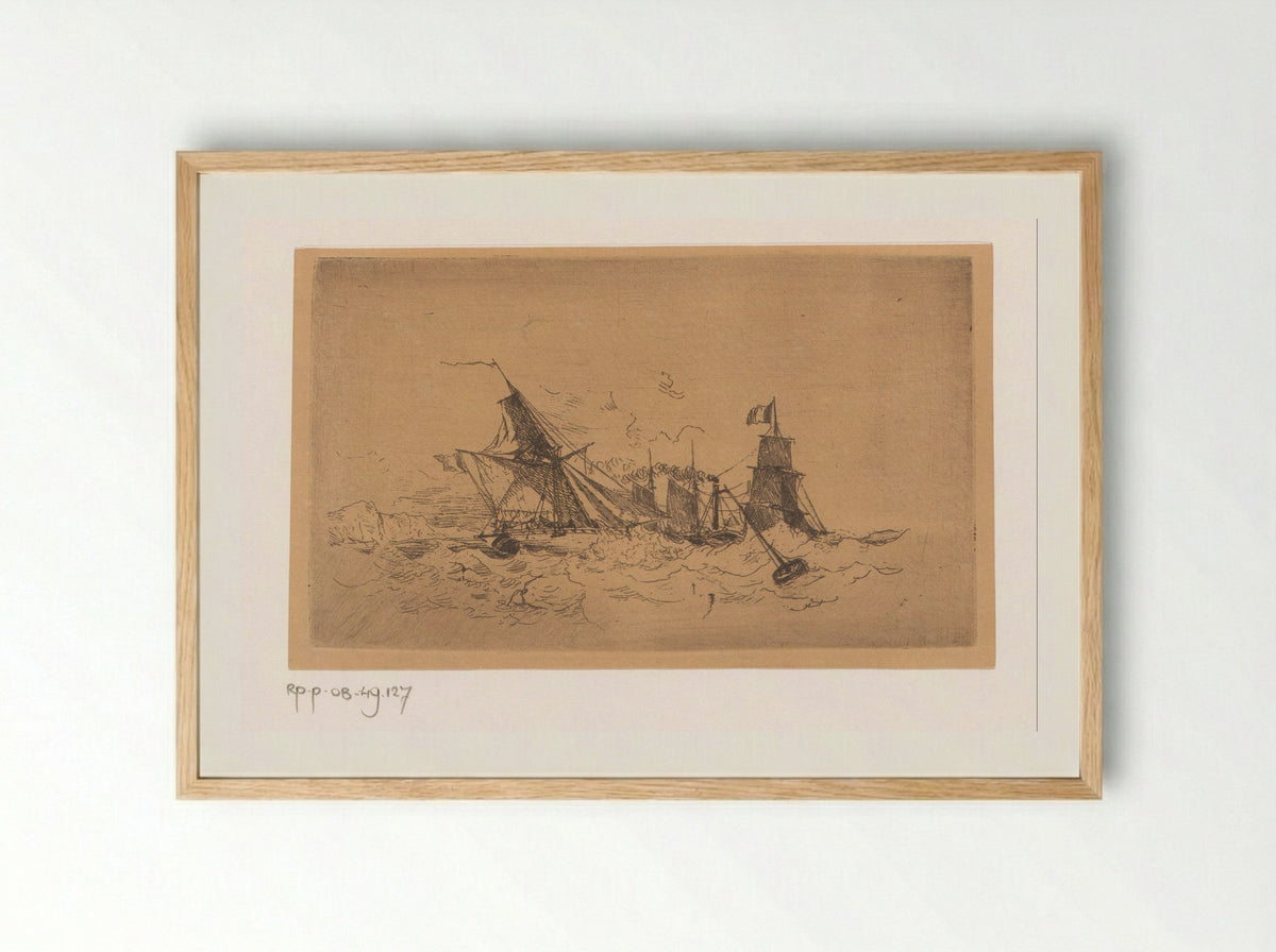 Stoomschip en zeilschepen op onrustige zee - Henri Le Hon - Framed Print Wood