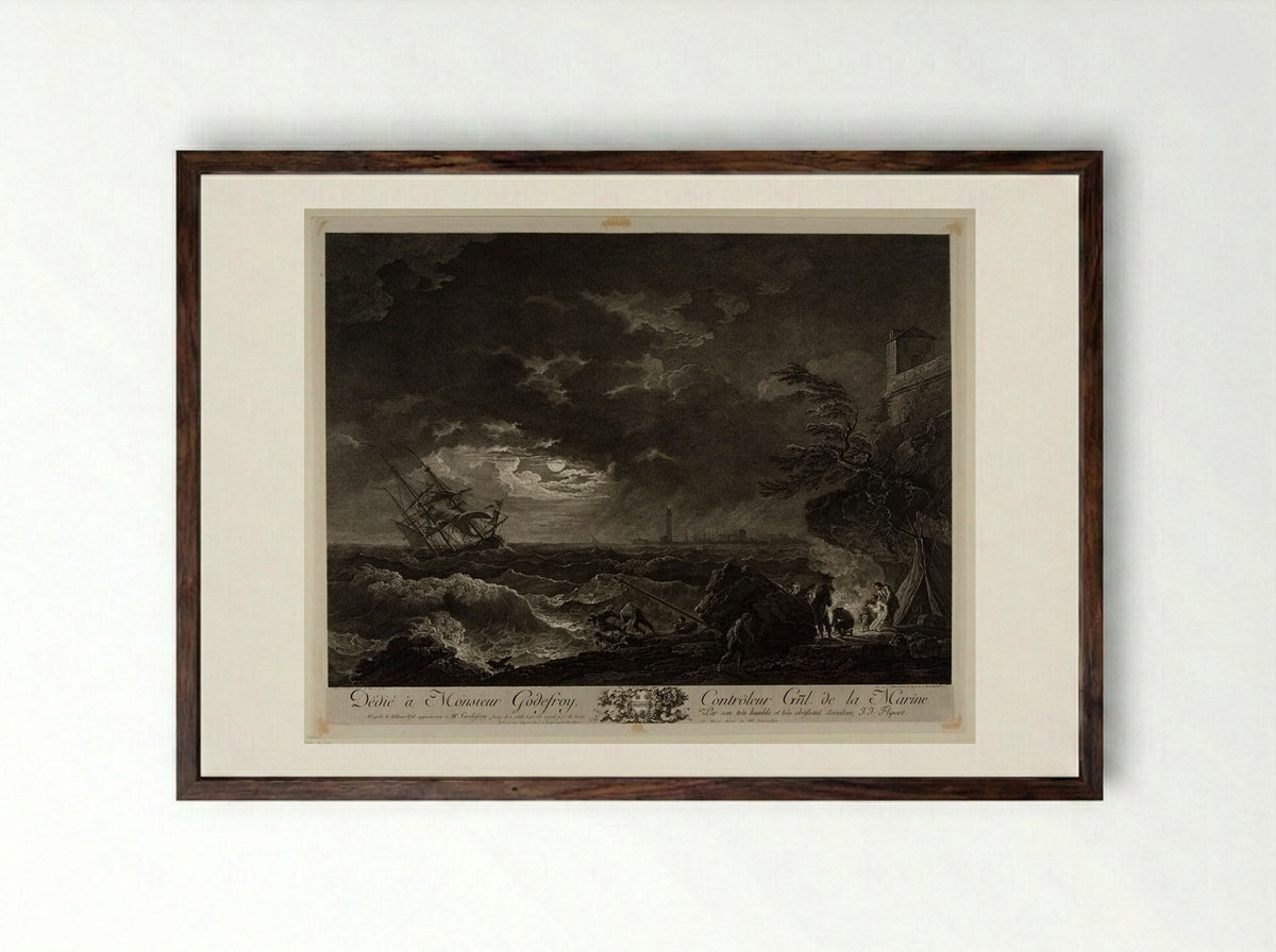 Storm in the Moonlight - Jean Jacques Flipart - Framed Print Dark Wood