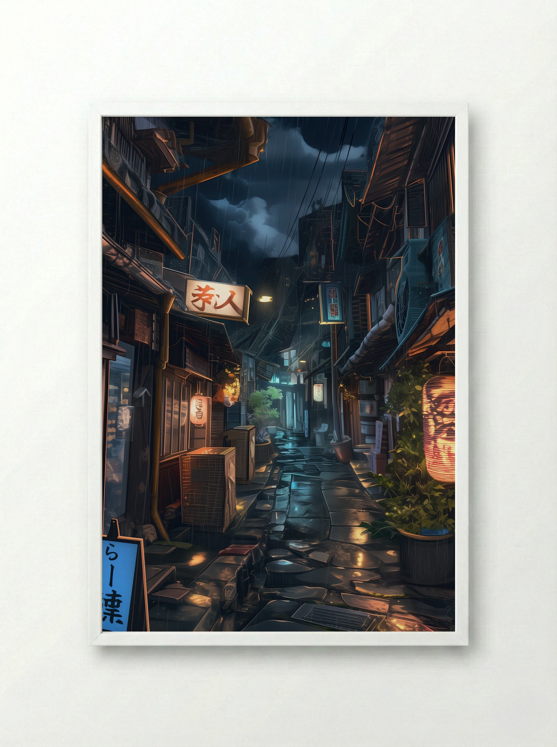 Stormlight Alley – Night Rain in Tokyo - Framed Print White