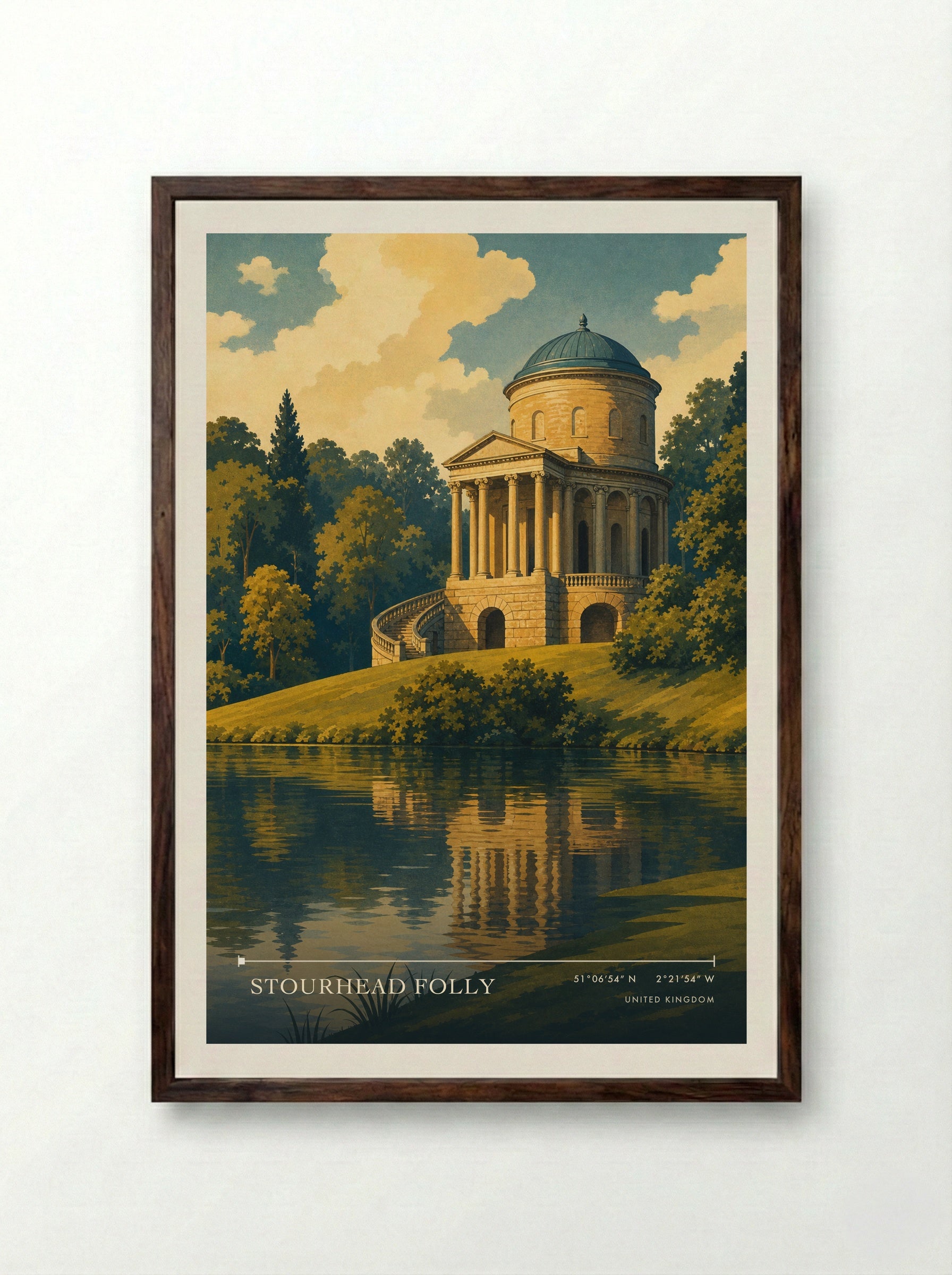 Stourhead Folly United Kingdom Travel Poster - Framed Print Dark Wood