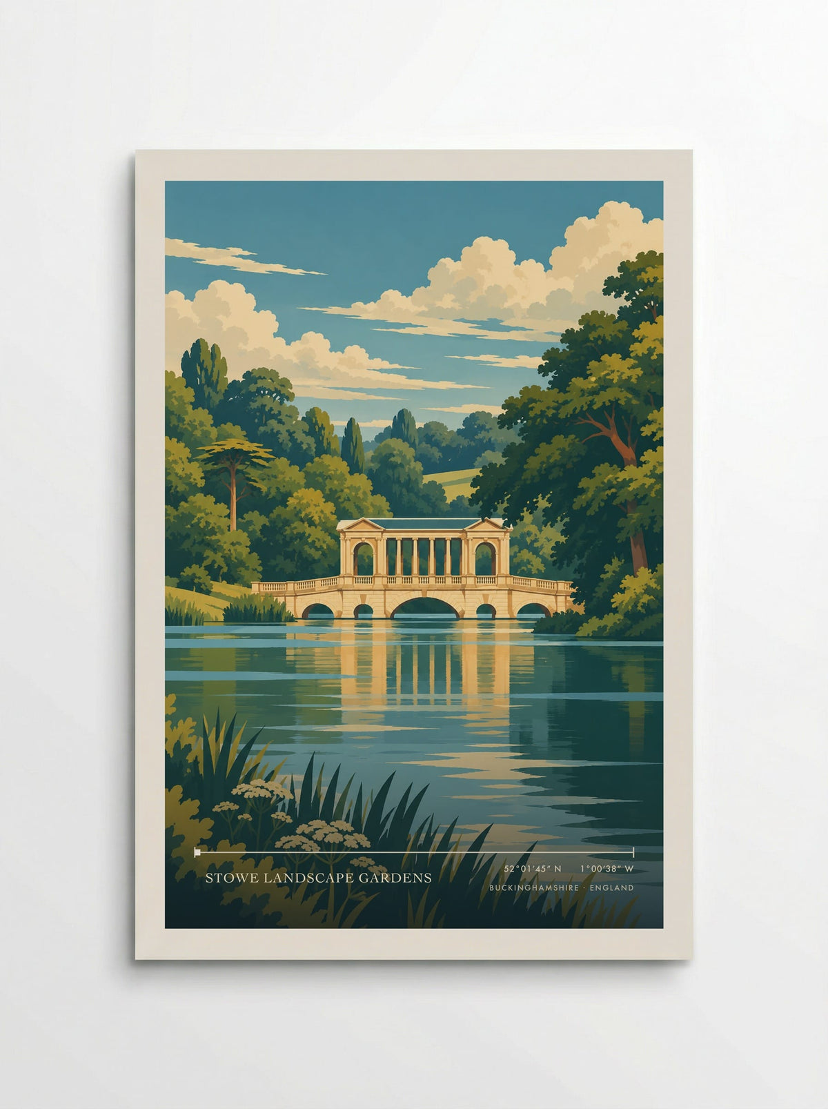 Stowe Landscape Gardens, Buckinghamshire travel poster: the Palladian Bridge, pale classical columns and still lake reflections framed by green trees and reeds