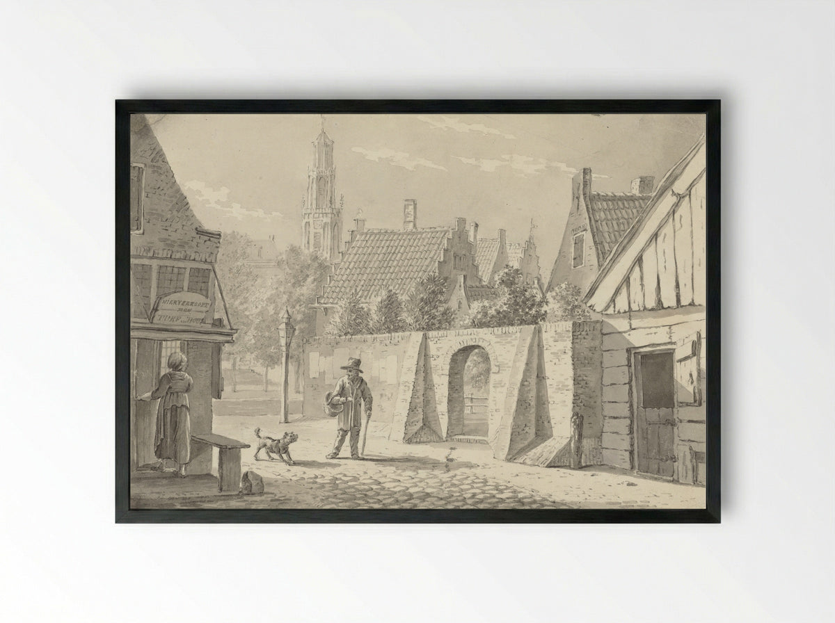 Straatje in Utrecht met de Domtoren in het verschiet - G.A. de Wildt - Framed Print Black