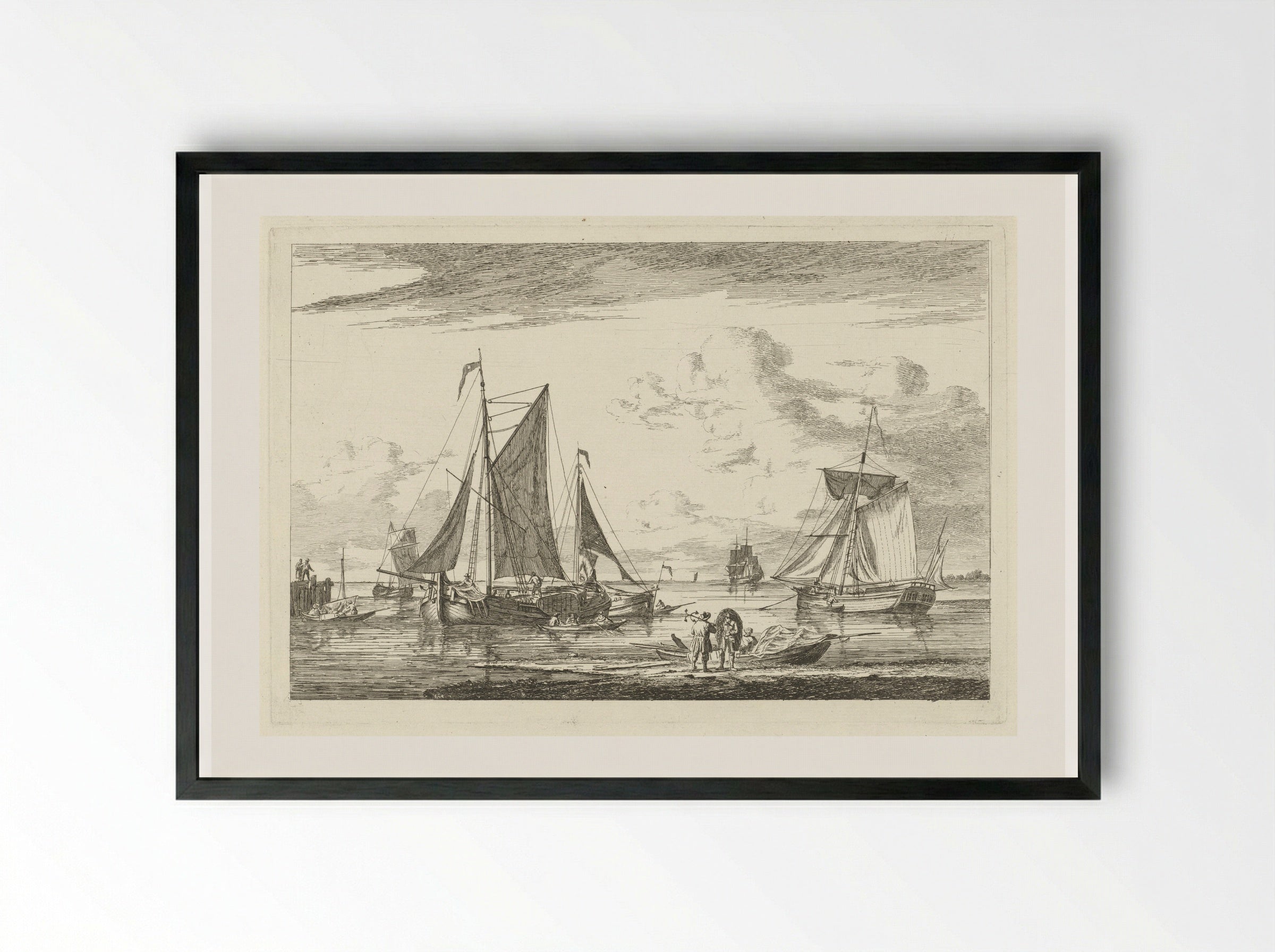 Strand en zee met diverse boten - Gerrit Groenewegen - Framed Print Black