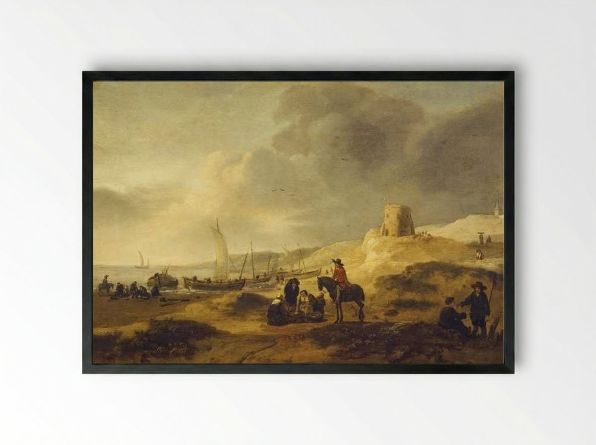 Strandgezicht met vissersschepen en groepen mensen - Egbert Lievensz. van der Poel - Framed Print Black