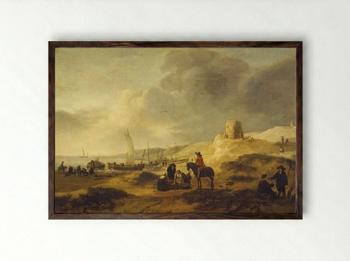 Strandgezicht met vissersschepen en groepen mensen - Egbert Lievensz. van der Poel - Framed Print Dark Wood