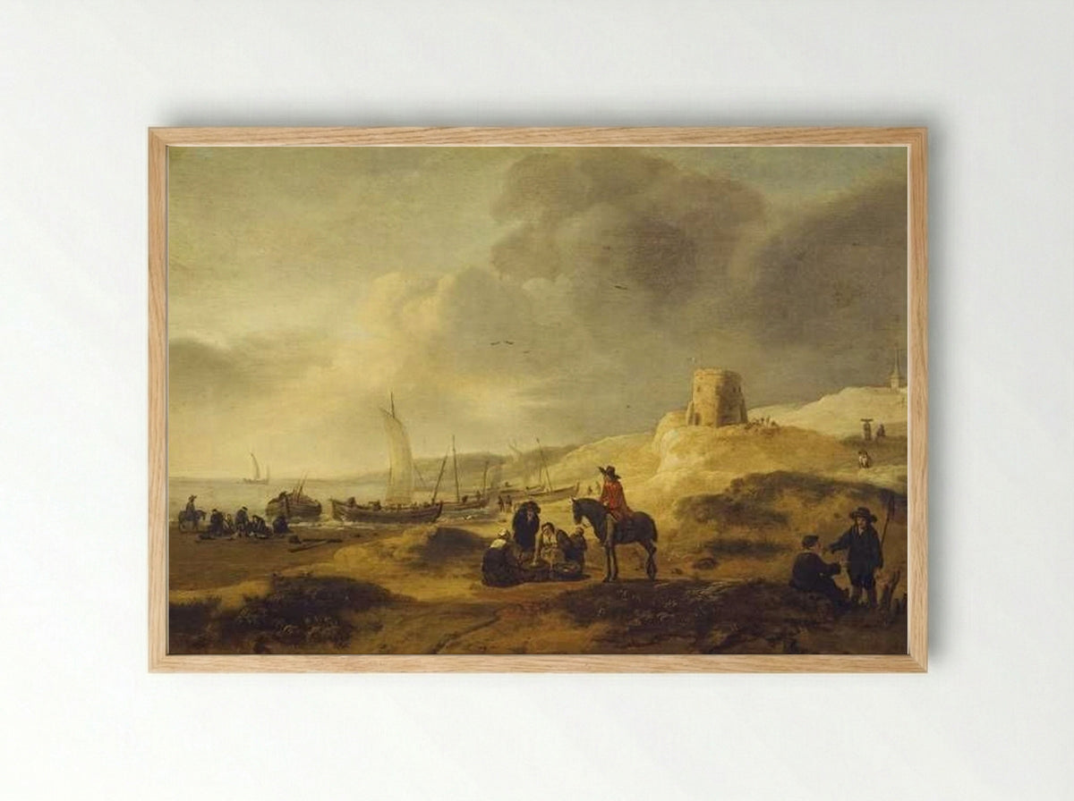 Strandgezicht met vissersschepen en groepen mensen - Egbert Lievensz. van der Poel - Framed Print Wood