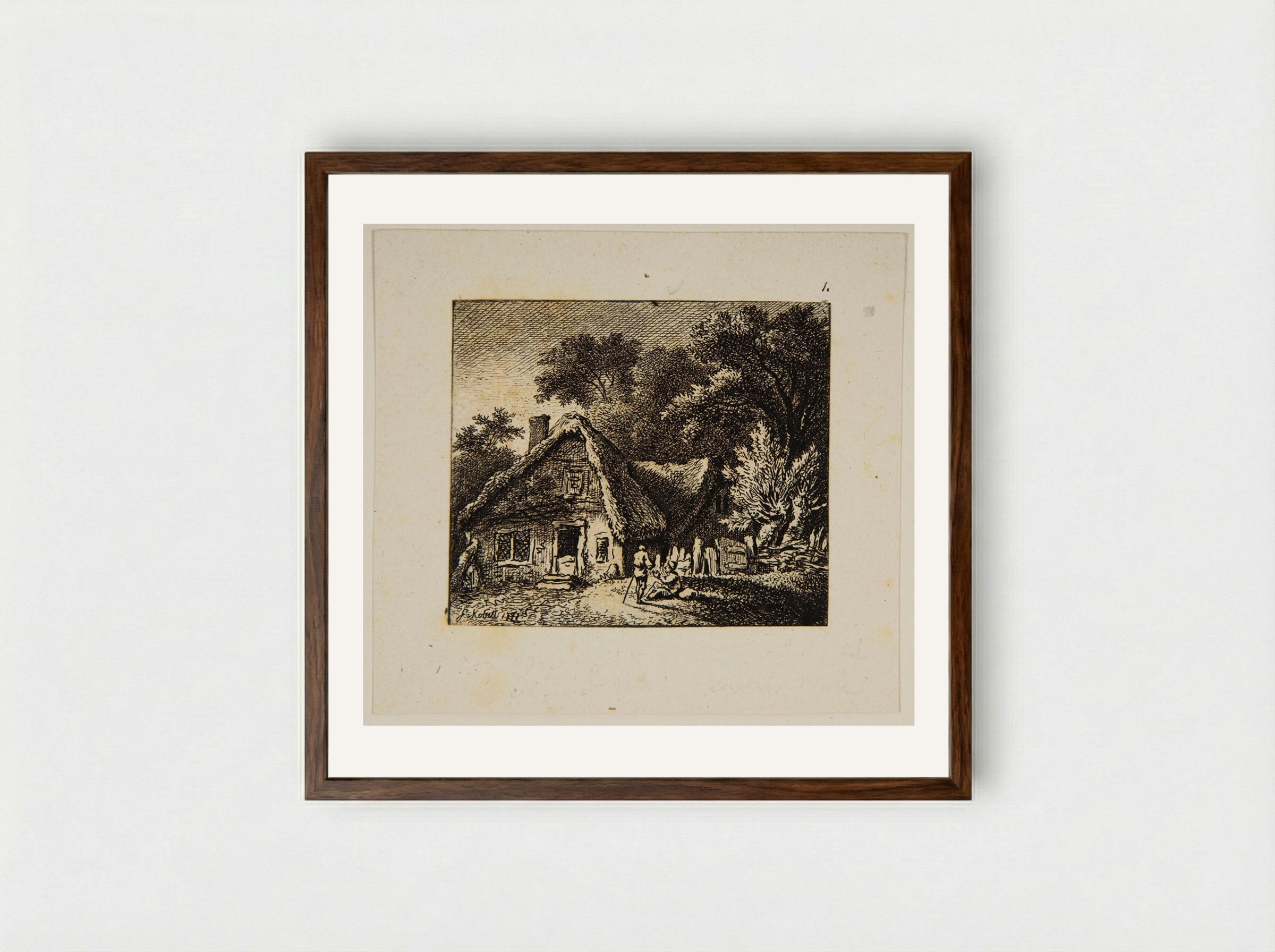 Stranger at a Peasant's House - Ferdinand Kobell - Framed Print Dark Wood