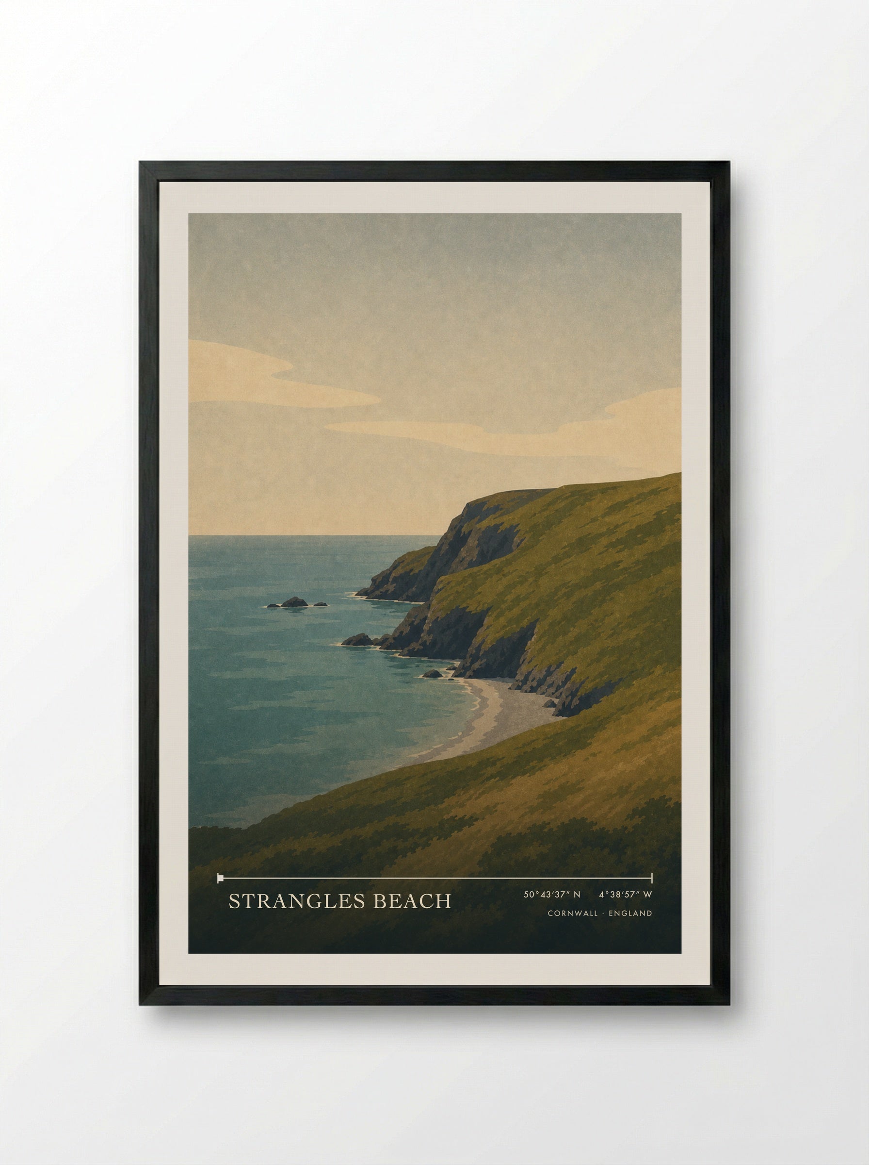 Strangles Beach Cornwall England Travel Poster - Framed Print Black