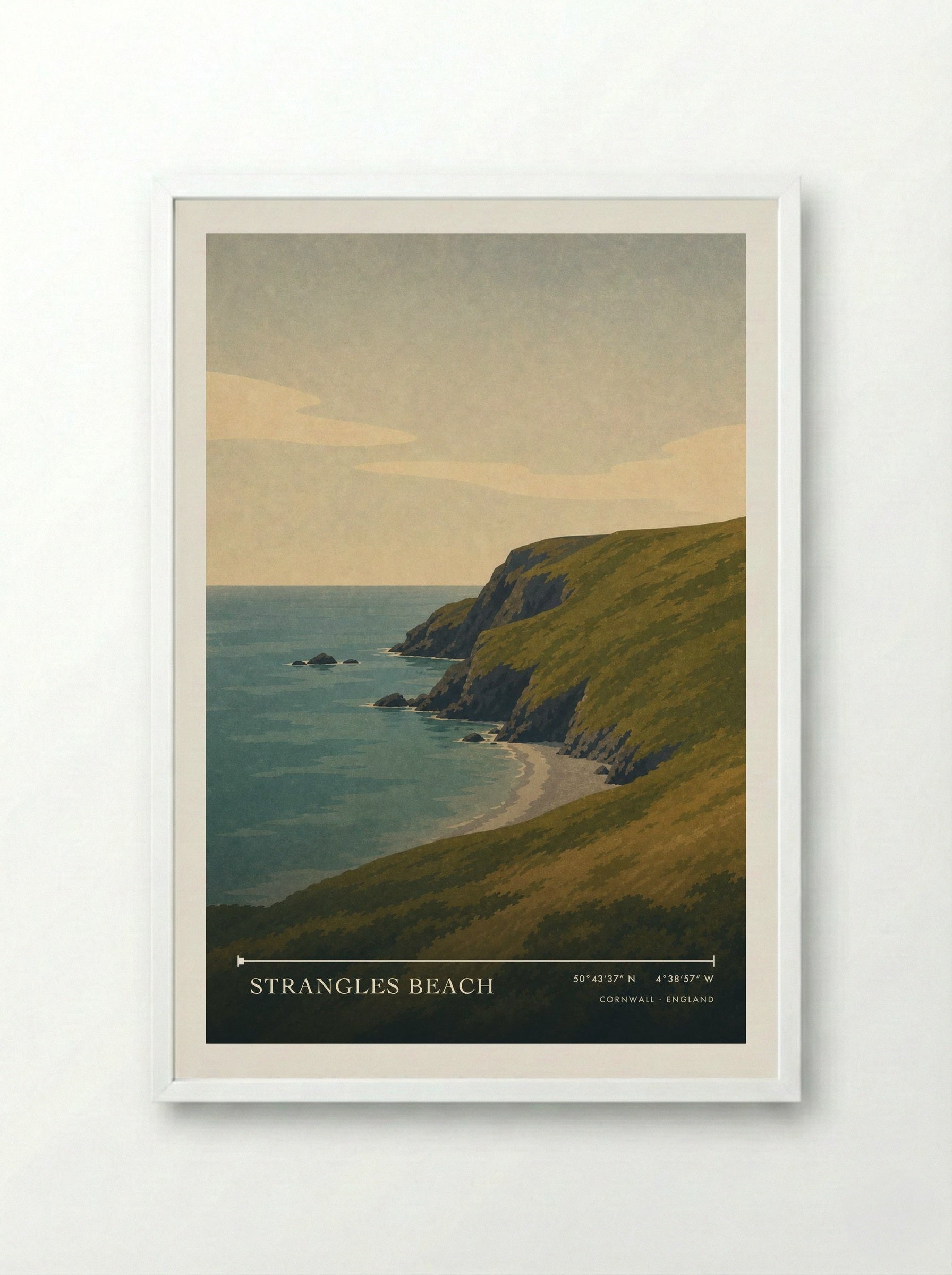 Strangles Beach Cornwall England Travel Poster - Framed Print White