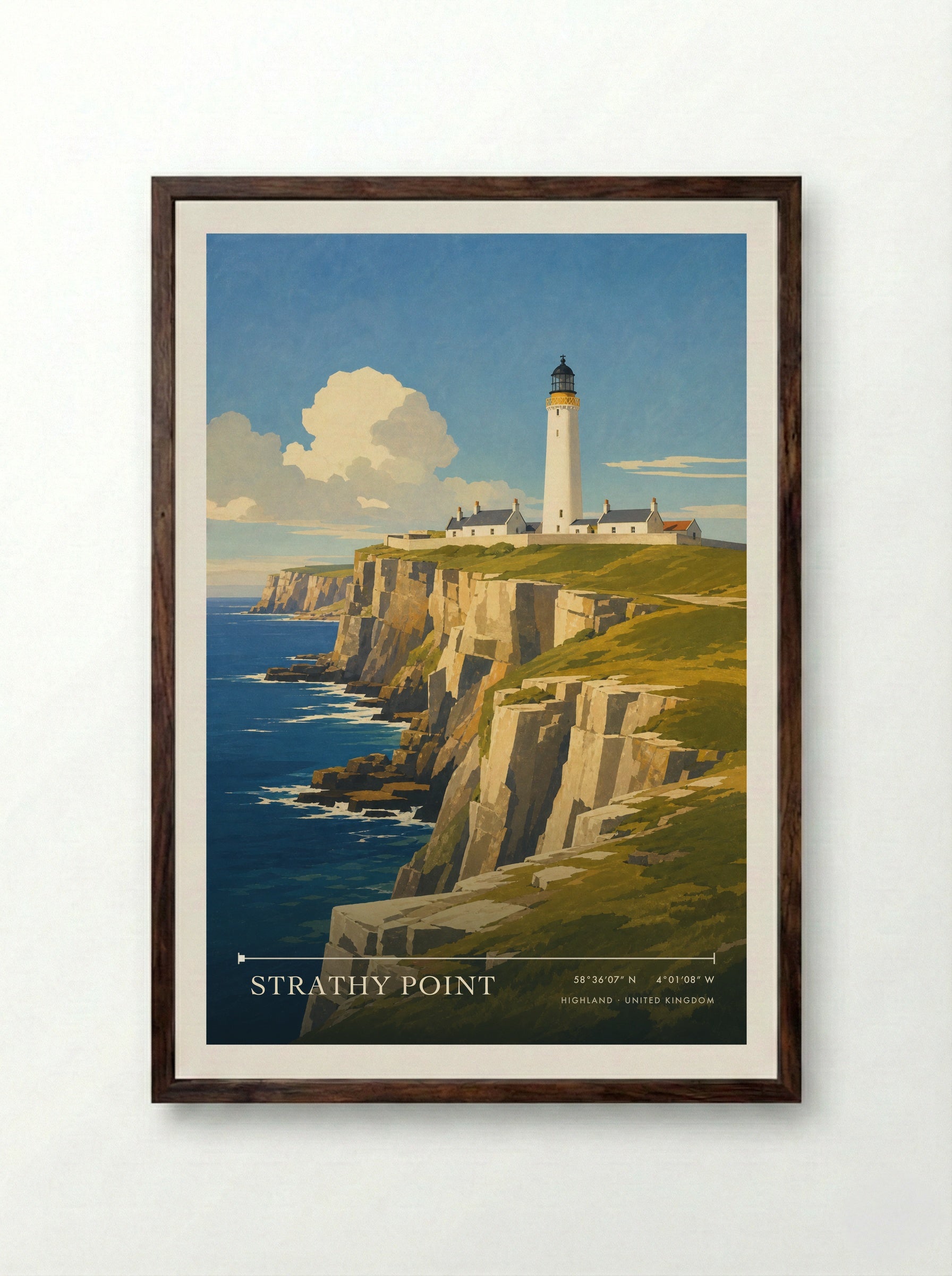 Strathy Point Highland United Kingdom Travel Poster - Framed Print Dark Wood