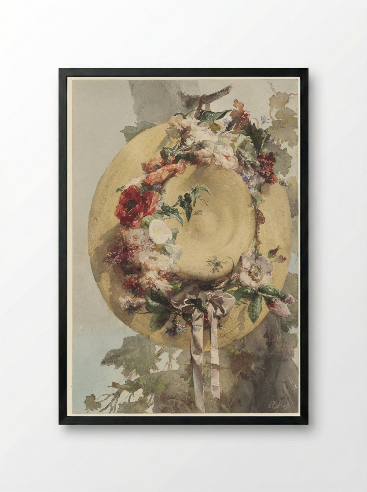 Straw Hat with Roses, Carnations, and Cornflowers - Angelo Rossi - Framed Print Black