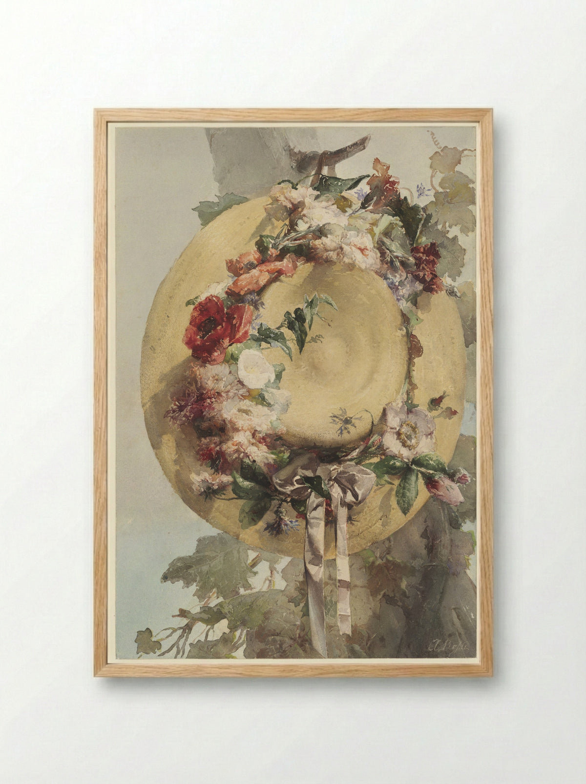 Straw Hat with Roses, Carnations, and Cornflowers - Angelo Rossi - Framed Print Wood