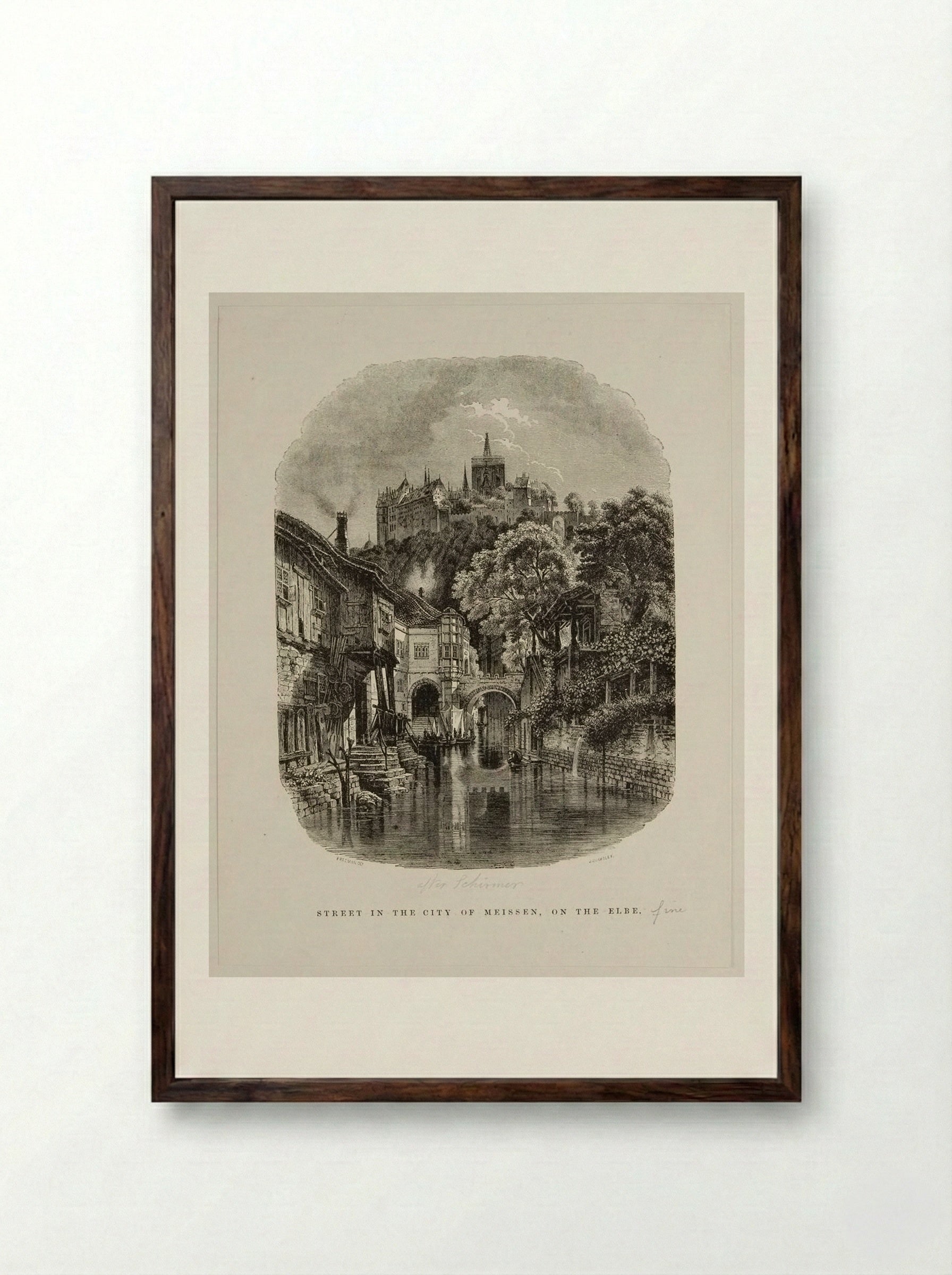 Street in the City of Meissen, on the Elbe - J. Quartley - Framed Print Dark Wood