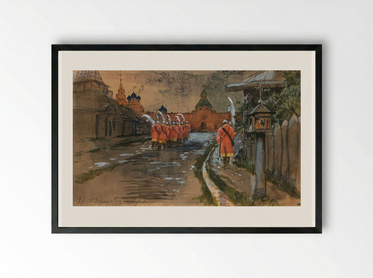 Strelets Patrol at Ilyinskie Gates in Old Moscow - Andrei Ryabushkin - Framed Print Black