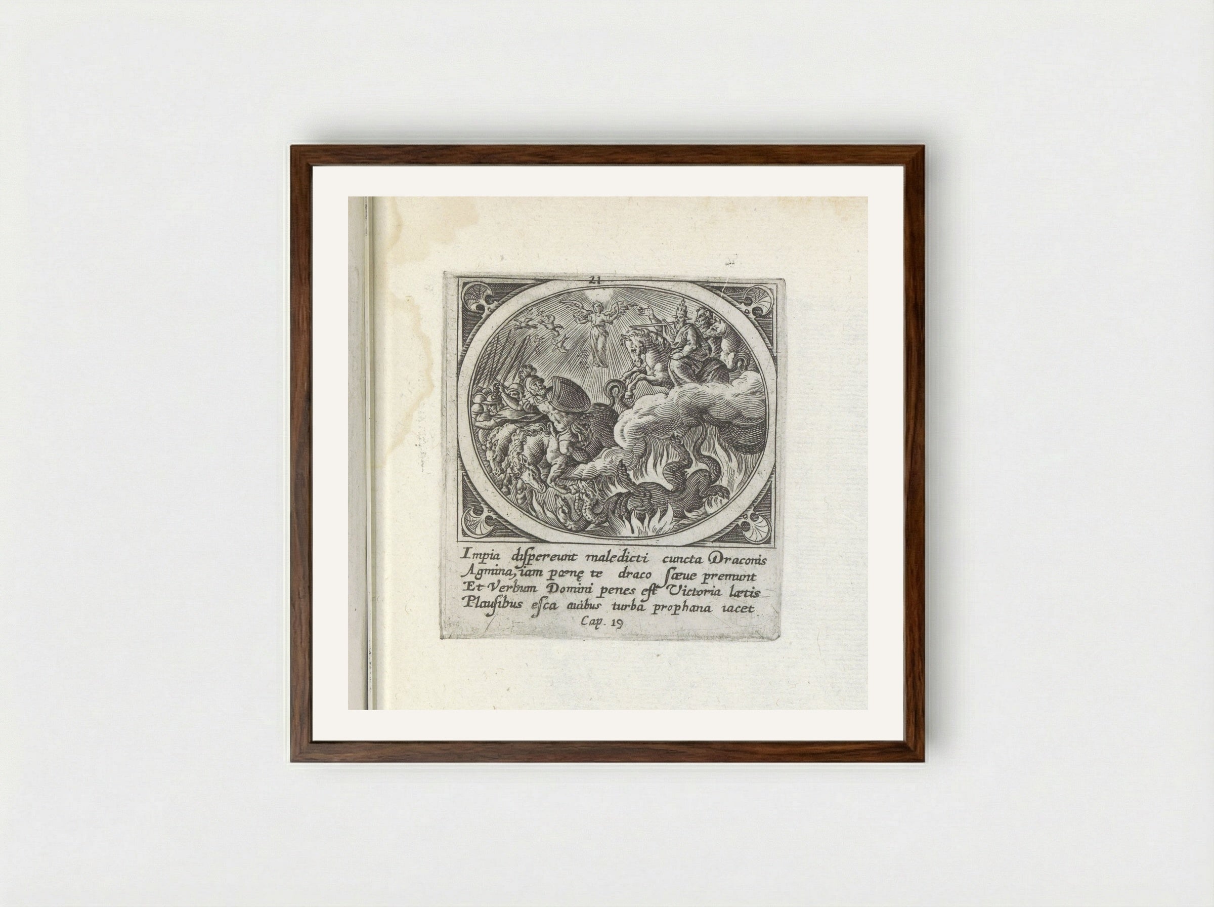 Strijd tussen hemelse en aardse leger - Gerard de Jode - Framed Print Dark Wood