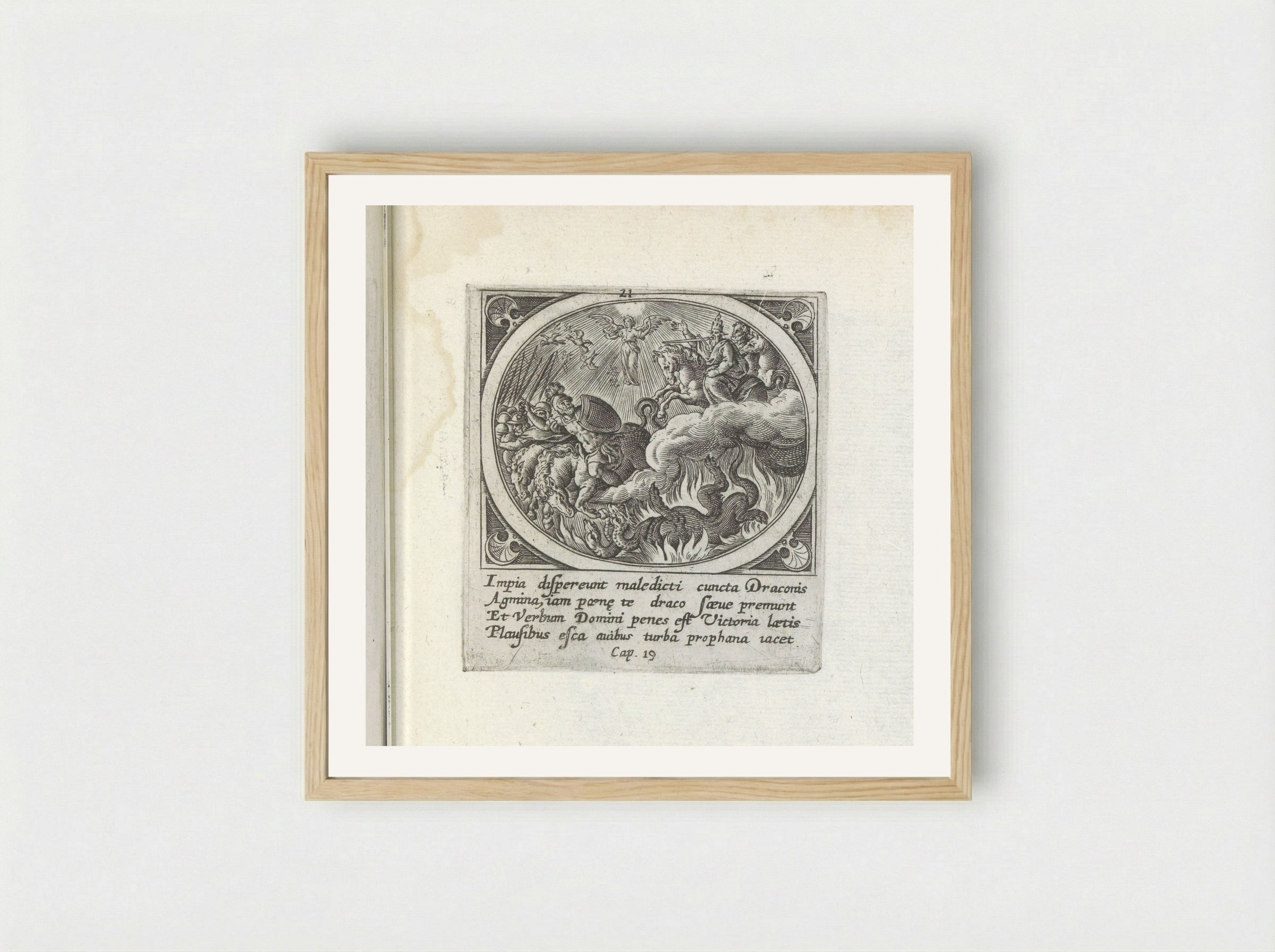 Strijd tussen hemelse en aardse leger - Gerard de Jode - Framed Print Wood