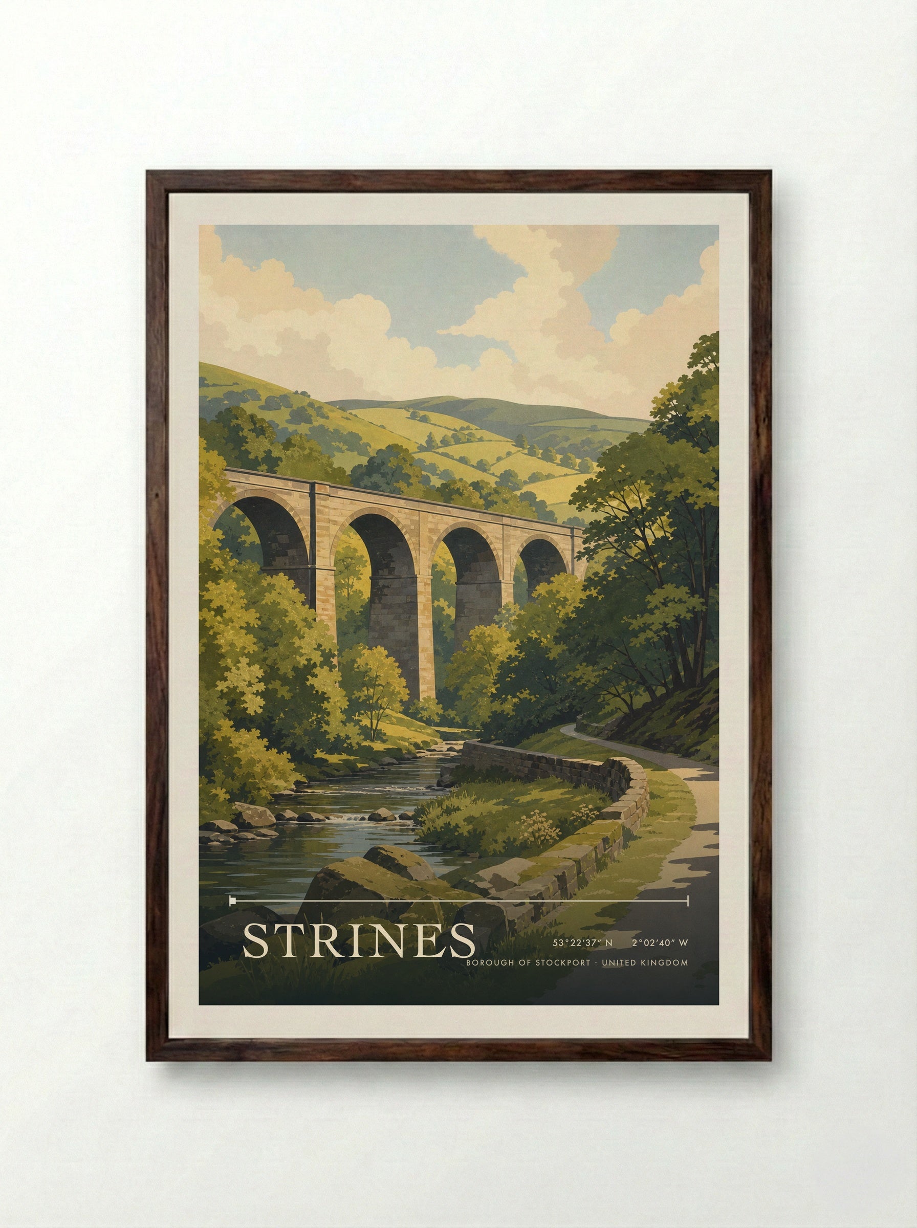 Strines Borough of Stockport United Kingdom Travel Poster - Framed Print Dark Wood