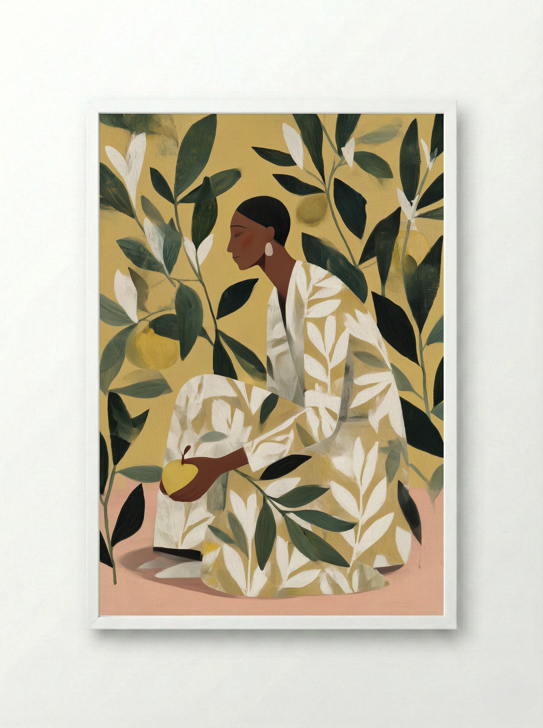 Striped Elegance Sitting Woman Abstract Print - Framed Print White