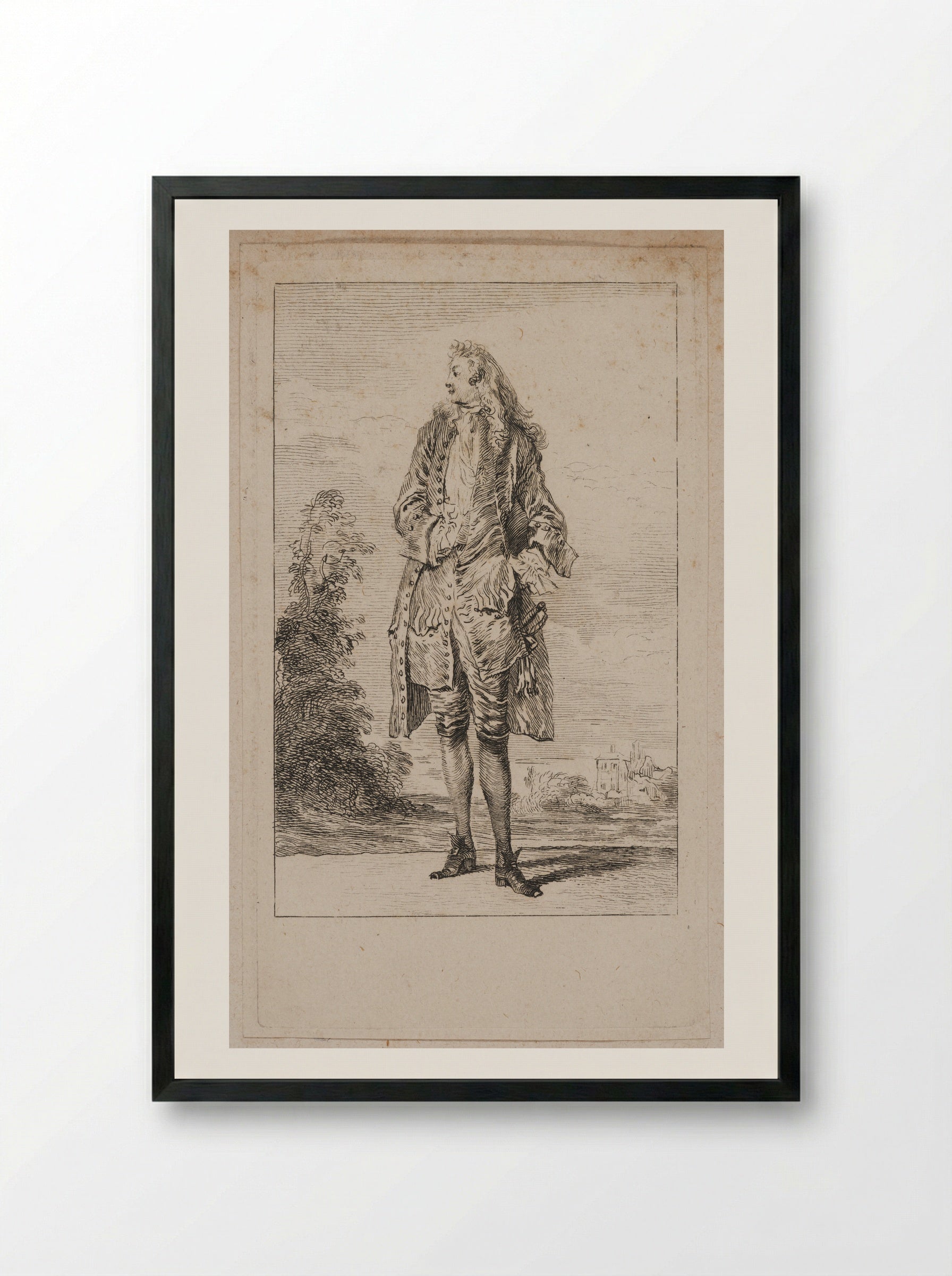 Strolling Man, Seen from the Front - Jean-Antoine Watteau - Framed Print Black