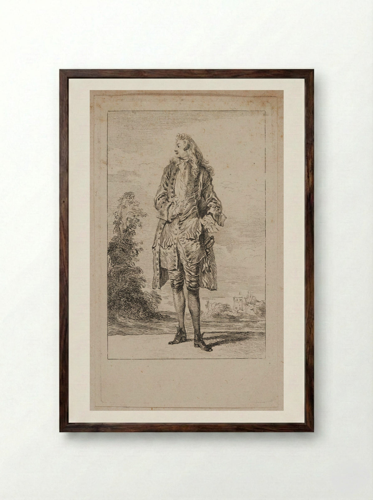 Strolling Man, Seen from the Front - Jean-Antoine Watteau - Framed Print Dark Wood