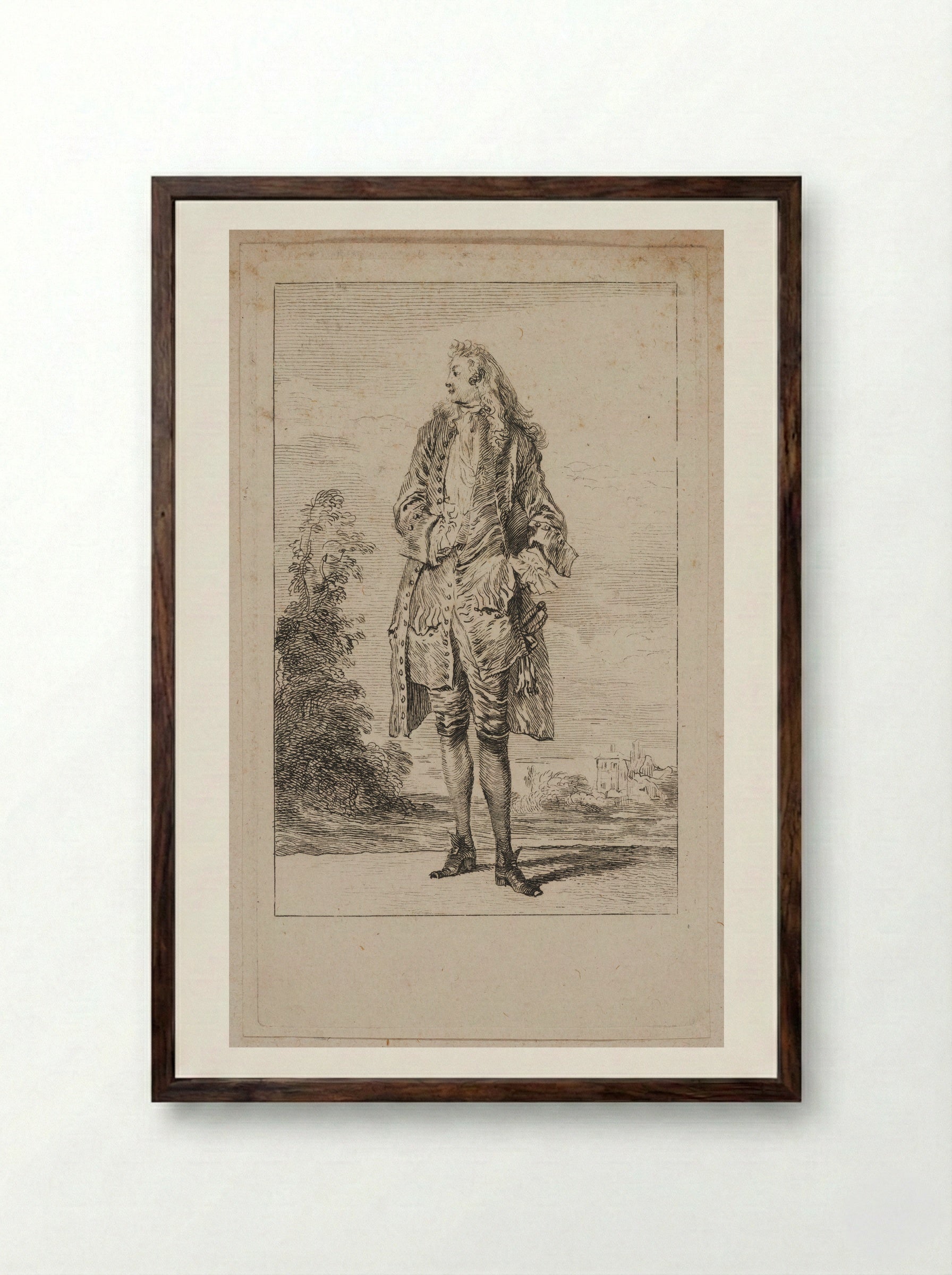 Strolling Man, Seen from the Front - Jean-Antoine Watteau - Framed Print Dark Wood