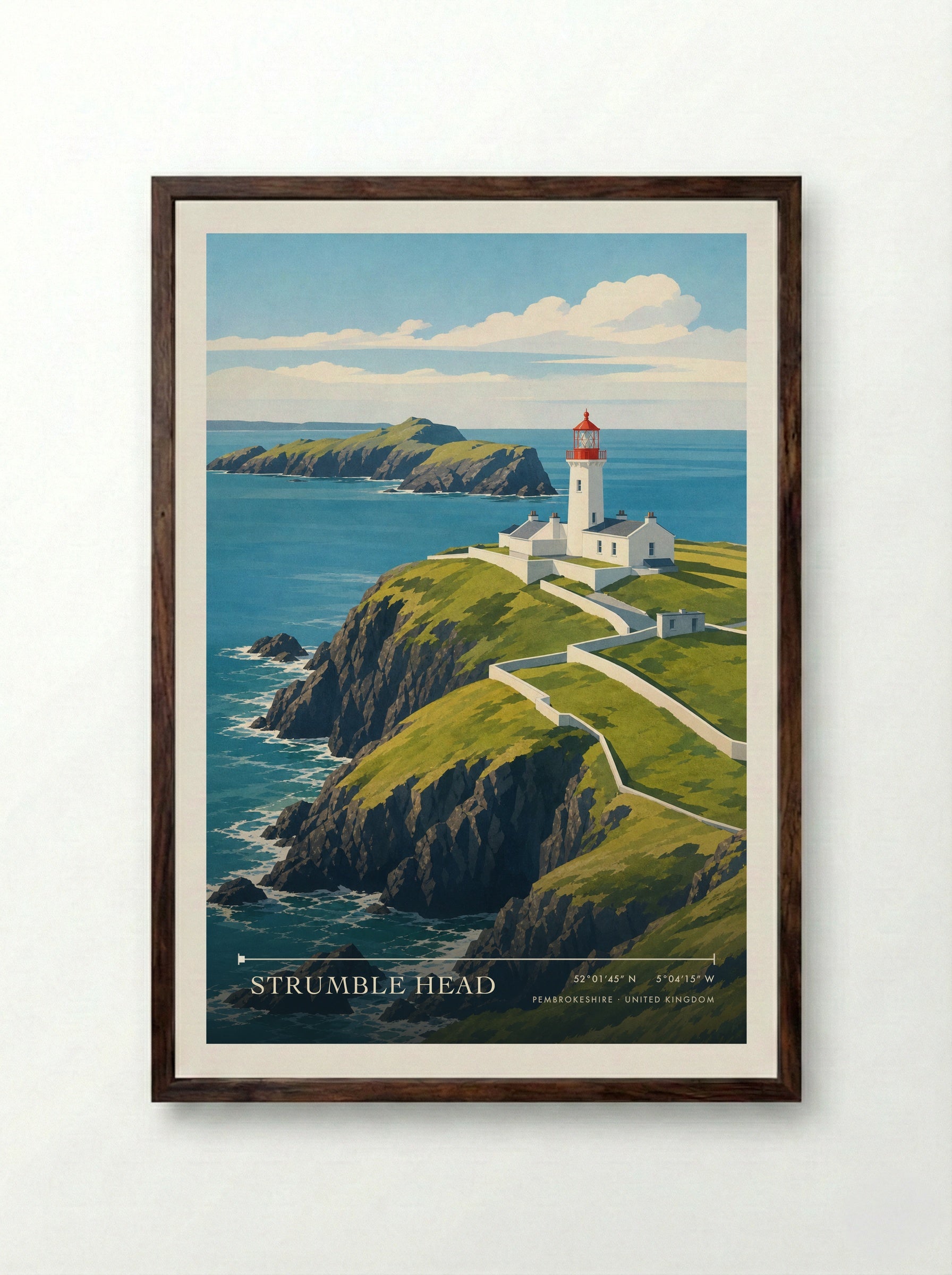 Strumble Head Pembrokeshire United Kingdom Travel Poster - Framed Print Dark Wood